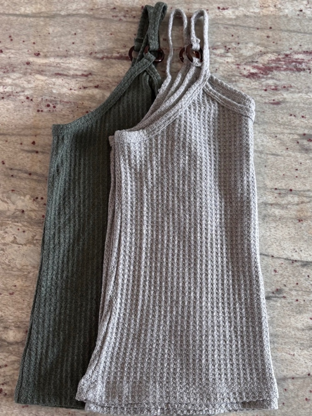 Set of 2 Soft Waffle Tank Tops - Green, Gray, Strap Accent, Shein Size S